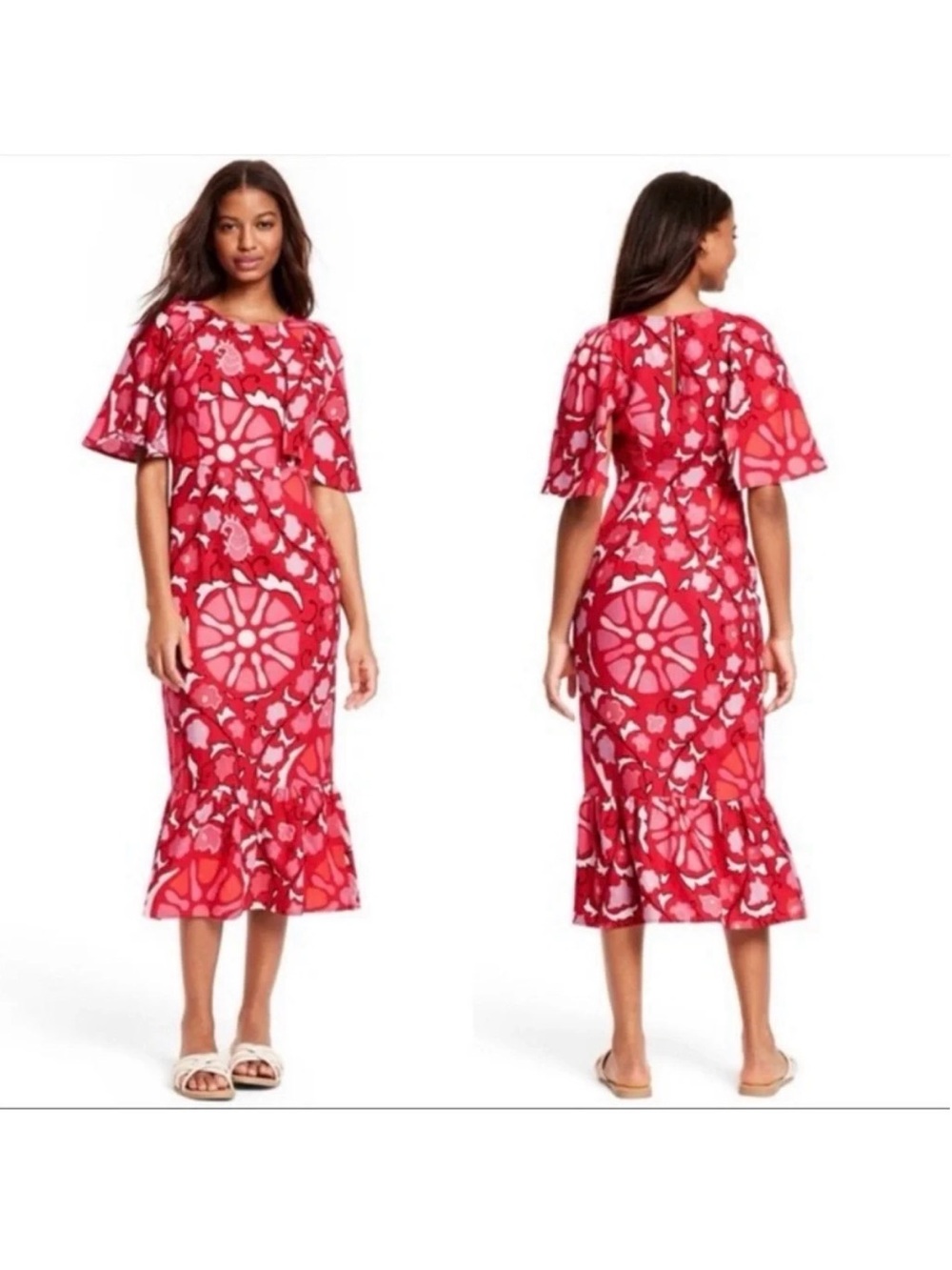 Vibrant Red Floral Midi Dress with Ruffle Hem